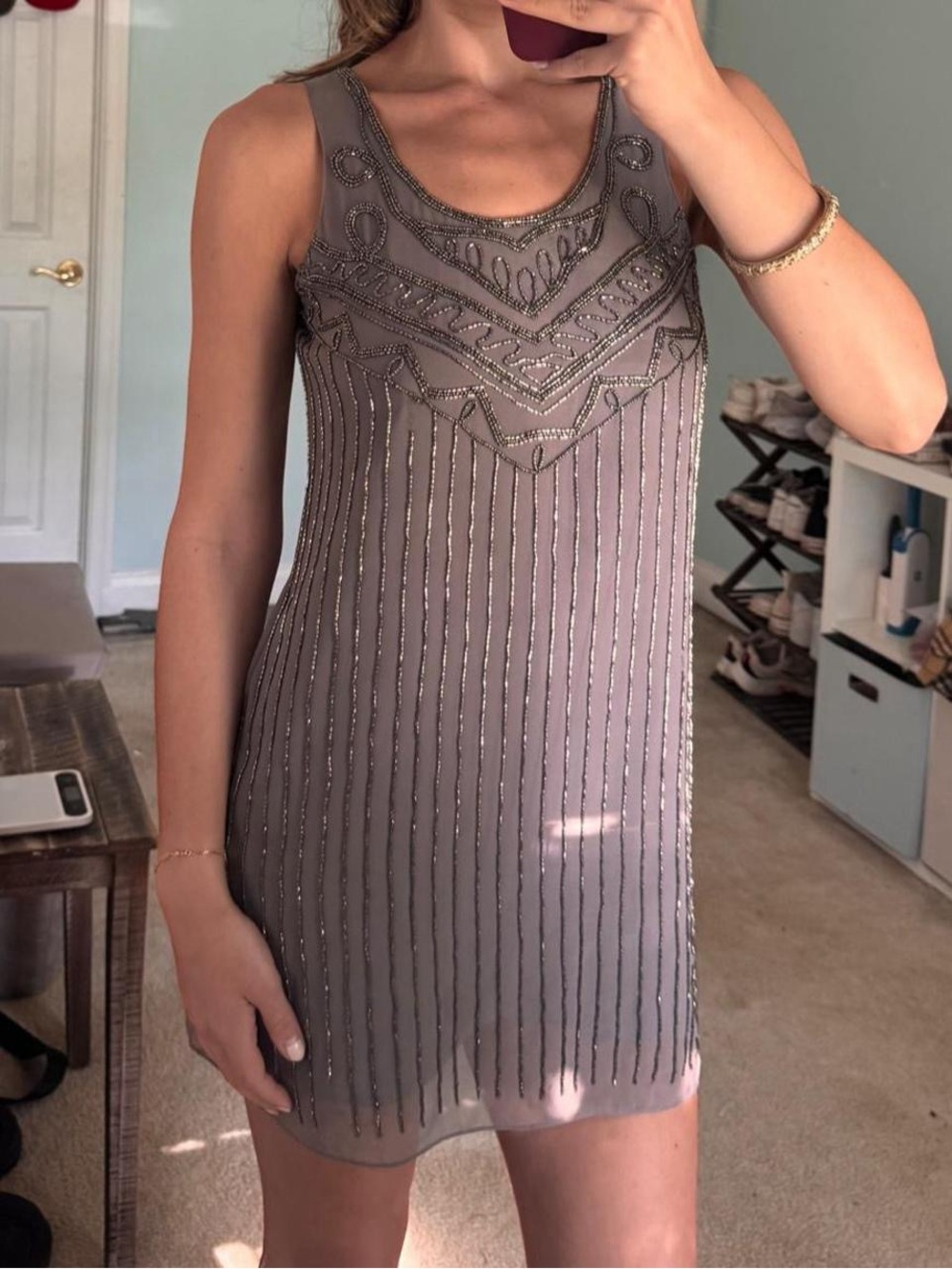 Forever 21 grey sleeveless mini dress with silver beaded detail- Size S